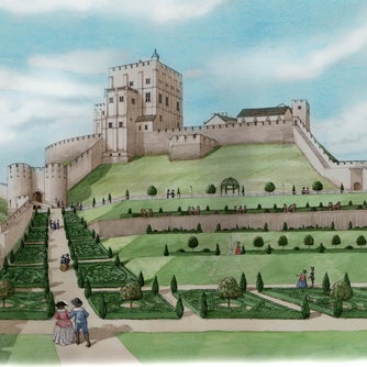 Drawing of Corfe Castle and landscaped gardens during the time of Elizabeth Hatton